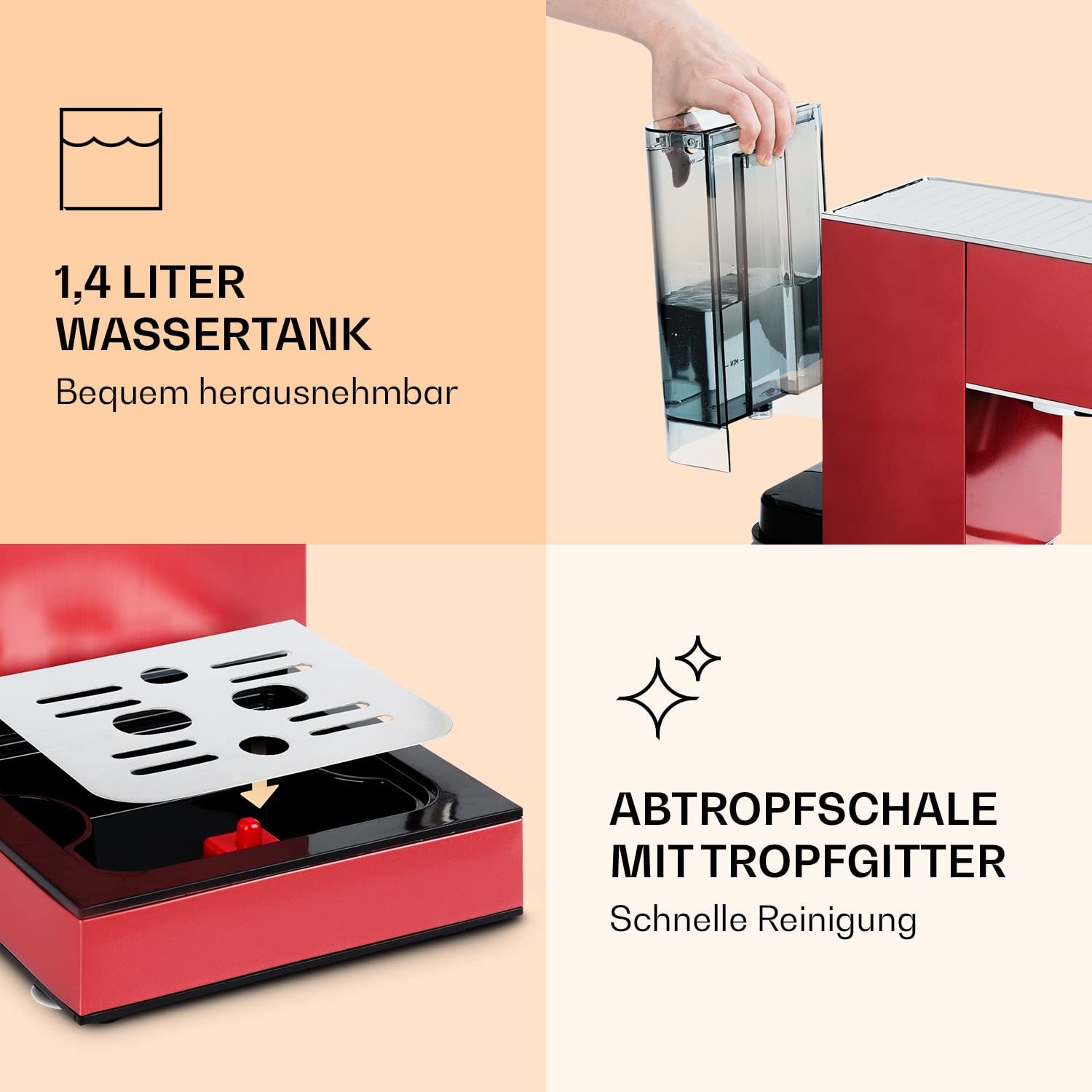 Klarstein Pausa Espressomaker Siebträger 1350 Watt 20 Bar Druck 1,4 Liter Edelstahl rot