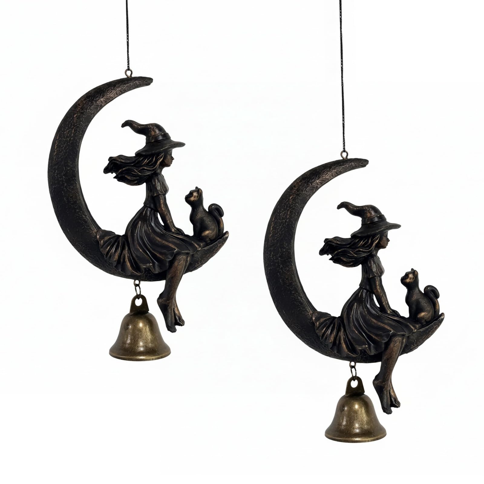 Halloween Witch Decor - Witch & Black Cat Moon Wind Chime, Handcrafted Resin Gothic Crescent Moon Vintage Hanging Ornament, Soothing Wind Bells for Garden Patio Porch Decor (2Pcs)