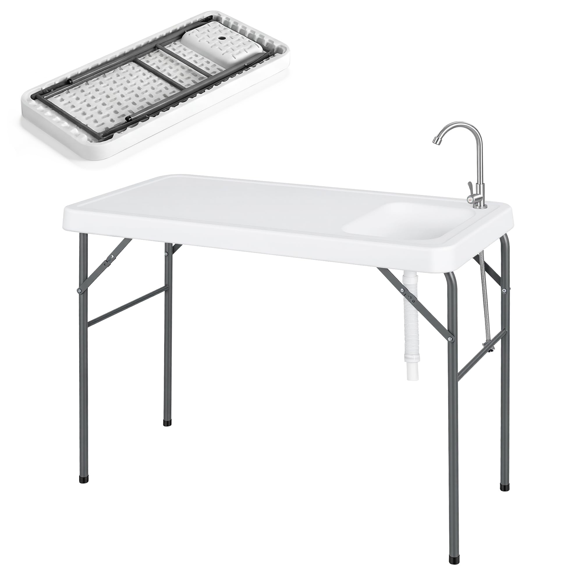 HOMASIS Fischreinigungstisch klappbar, Campingtisch mit Spüle & Wasserhahn, Camping-Spültisch mit Messskala, bis 50 kg belastbar, Klapptisch für Angeln, Picknick & Grillen, 104 x 59 x 76 cm, Weiß