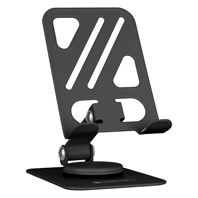 ZEBRONICS MTS250, Foldable Mobile Holder, Upto 9.6 inches, 360° Rotatable, 180° Stepless Adjustment, Anti-Skid Base & Resting pad, Lightweight & Handy, Compatible with Mobile & Tablet (Black)
