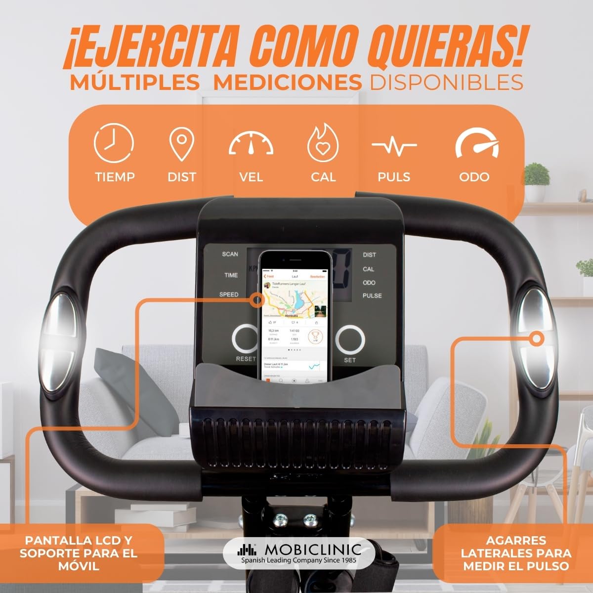 Mobiclinic® fitness, Bicicleta estática plegable + cintas de resistencia, 2 en 1, Everest, 8 niveles, Hasta 100kg, Pantalla lcd, Medidor pulso, Asiento regulable, Rueda, 5kg, Trainer x-bike