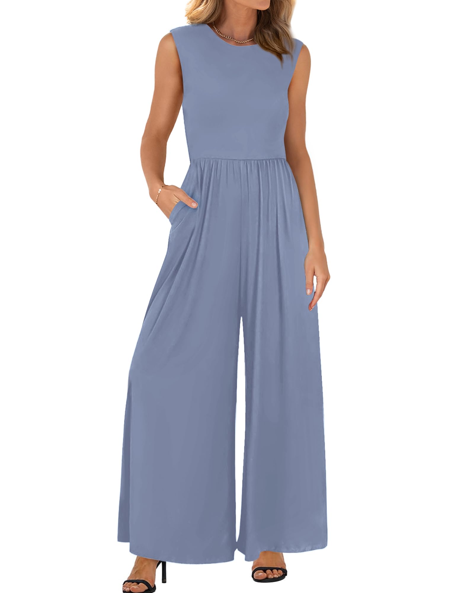 BTFBM Womens Casual Jumpsuits Dressy 2026 Spring One Piece Outfits Crew Neck Sleeveless Knit Wide Leg Pants Romper Beach