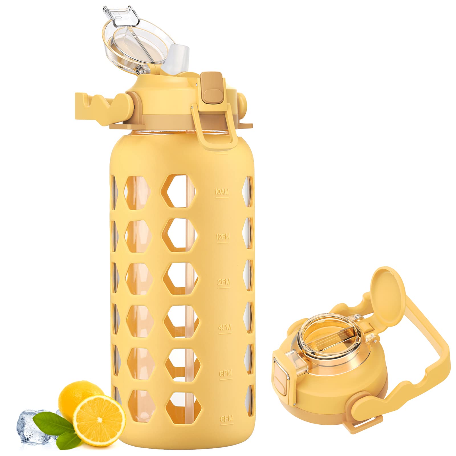MUKOKO 64oz Glass Water Bottle – Half Gallon With Silicone Sleeve, Straw, Time Marker, Leak-Proof