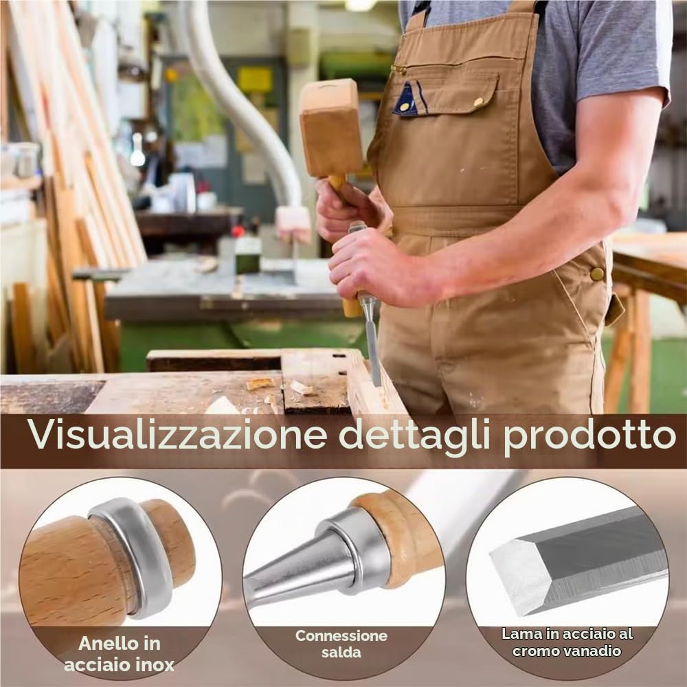 Scalpelli Per Legno,Set Di 8 Scalpelli Da Falegname Da 1/4 Pollice a 2 Pollici, Con Mola e Guida Di Smerigliatura Per Intaglio Del Legno, Carpenteria e Rifilatura Dei Bordi