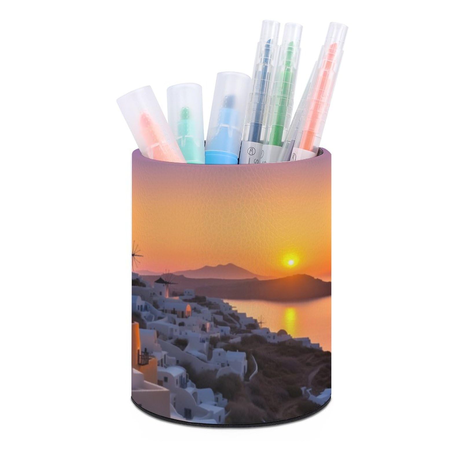 JTREHY Round Pen Holder,Greece Island Sunset Landscape Printed Makeup Brush Storage Box Desktop Stationery Storage Cup Office Accessories Storage Box Pencil Storage Box for Home Office Dressing Table
