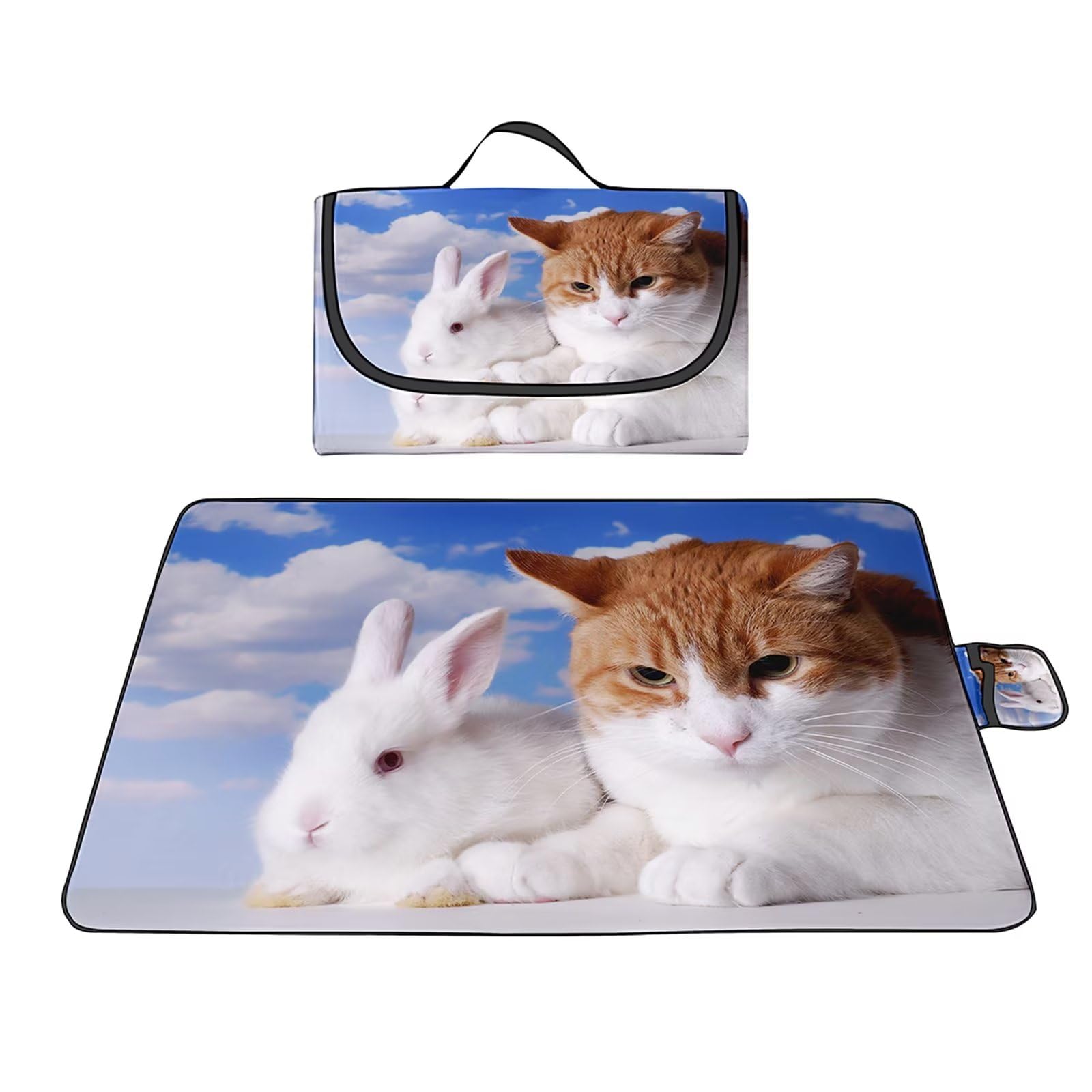 Couverture Pique-nique Imperméable 200x200cm,Couverture Plage Extérieure XXL Tapis de Plage Anti Sable,Lapin chat Camping Couverture étanche Pique-nique avec Poignée pour Camping Randonnée Parc Plage