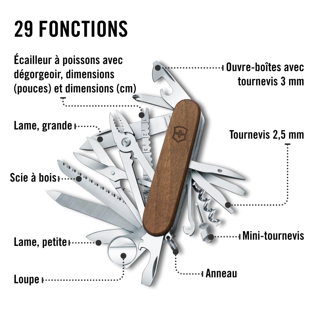 Victorinox Couteau de Poche Swiss Champ Wood, Bois, 29 Fonctions, Swiss Made, Outil Multifonction, y c. Scie à Bois, Ciseau, Brun