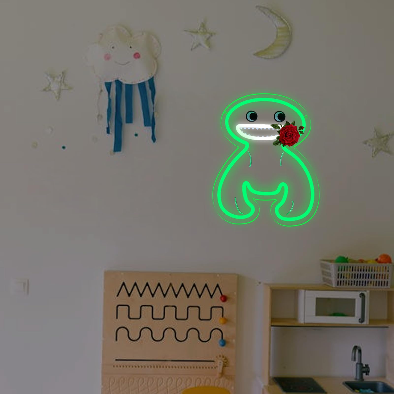 Letrero de neón de figura verde para decoración de pared, jardín, letrero con luz LED, luz de dibujos animados regulable para dormitorio de niños, sala de juegos, arte de pared, regalo de