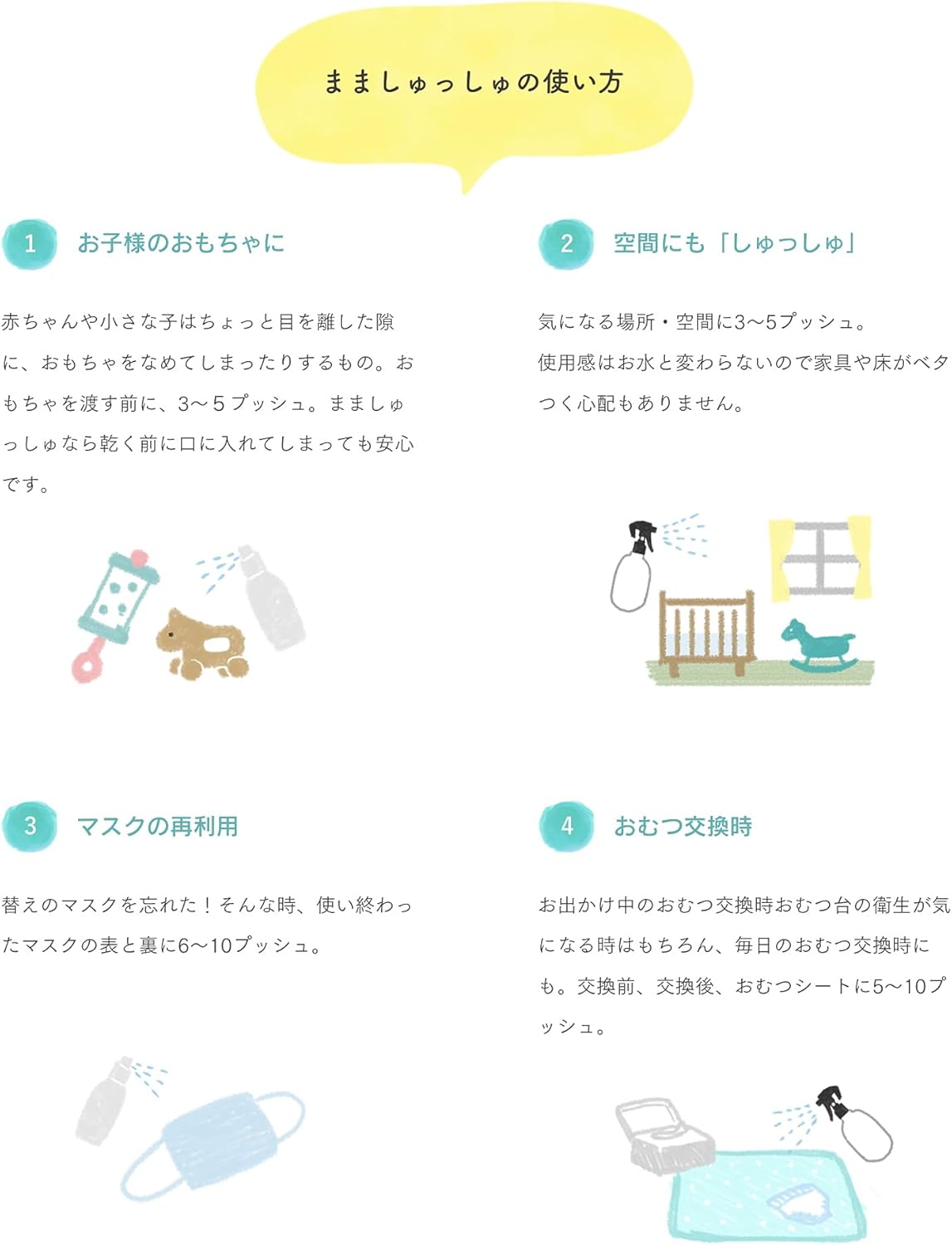 赤ちゃんや子どもにも安心・安全の除菌スプレー「まましゅっしゅ」300ml【キッズデザイン賞受賞】 (2本)