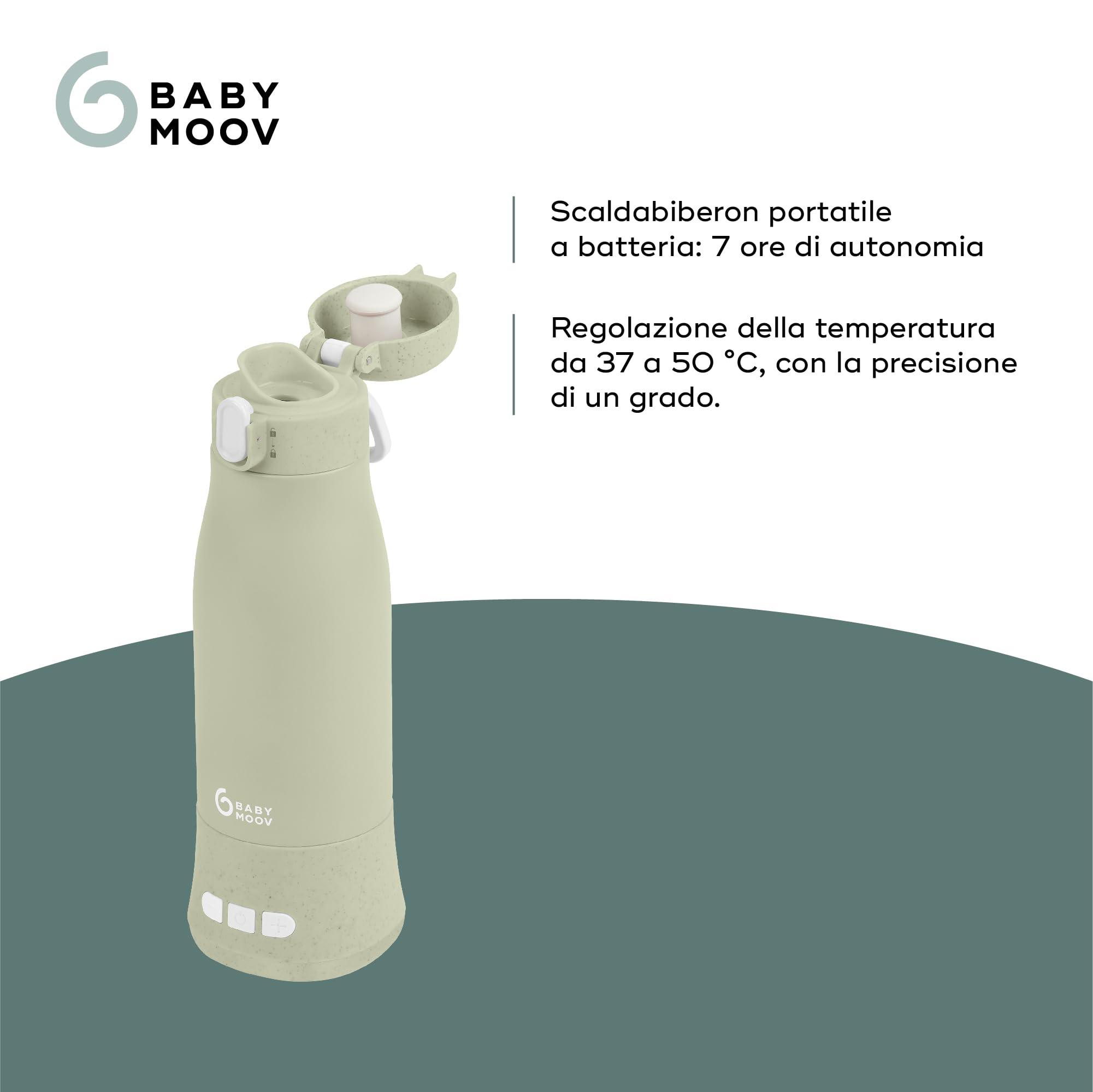Babymoov Scaldabiberon da viaggio senza filo Moov & Feed - Capacità 340 ml - Acqua o latte materno - Temperatura regolabile - Mantenimento al caldo (fino a 7 ore) - Ricarica USB - Garanzia a vita - Sage green
