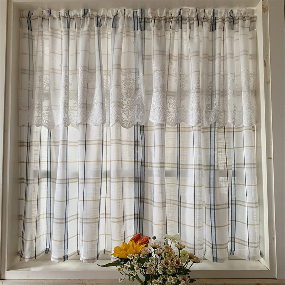 NMDCDH Rideaux Courts pour Cuisine, Lin Artificiel Texturé Voile Fenêtre Cantonnière Panneau Damier Plaid Demi-Fenêtres Rideaux Tier Rideaux pour Étude Balcon Salle de Bains 2pcs, L x H 1