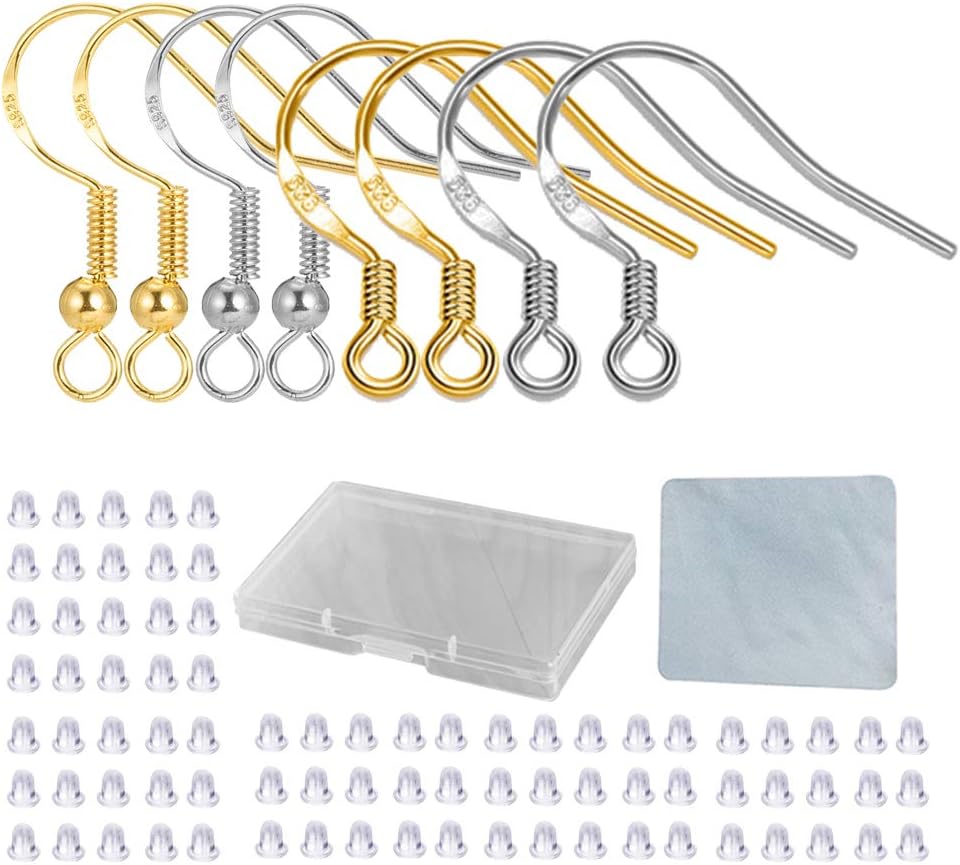 S925 Sterling Silver Earring Hooks - 8Pcs/4 Pairs Hypoallergenic 18K Gold Plated Ear Wires Fish Hooks for Jewelry Making, Jewelry Findings Parts with Rubber Earring Backs Stopper for DIY Jewelry