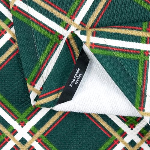Image of kate spade new york Holiday Confetti & Acrobat Plaid Holiday Kitchen Towels 2-Pack Set, 100% Cotton with Metallic Print, Lint-Free & Absorbant, Cream /Green, 17 inchx28 inch