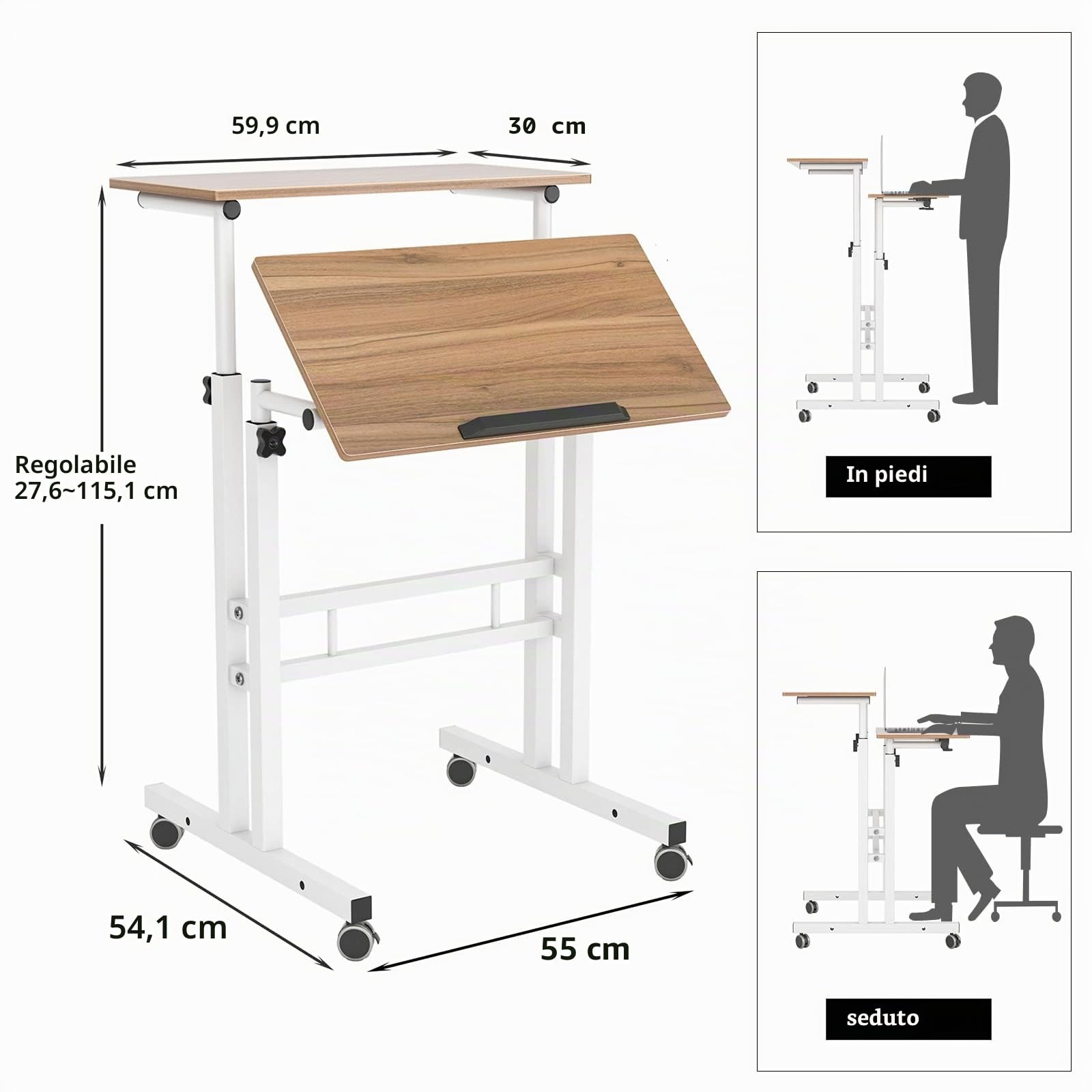 sogesfurniture Scrivania regolabile per computer, postazione di lavoro, scrivania per casa e ufficio, 60 x 30 x 70-115 cm, rovere BHEU-101-OK