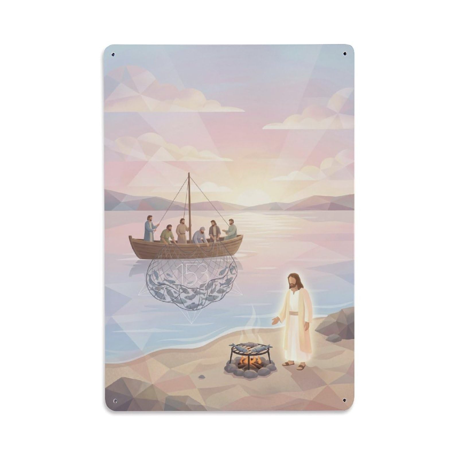 Resurrection Fishing Miracle Bible Jesus Disciples Gospel Metal Tin Sign Plaque Wall Decor for Cafe, Man Cave, Club Bar, Office, Home Garden Round Metal Poster 8x12Inch