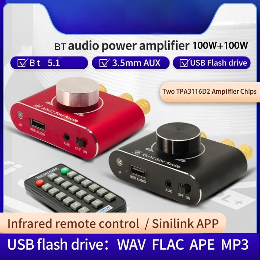 AMPLIFICADOR DE POTENCIA 100w 100w Bt 51 amplificador de altavoz portátil para uso doméstico y en coche con múltiples modos de control y protecciones seguras (Roja)