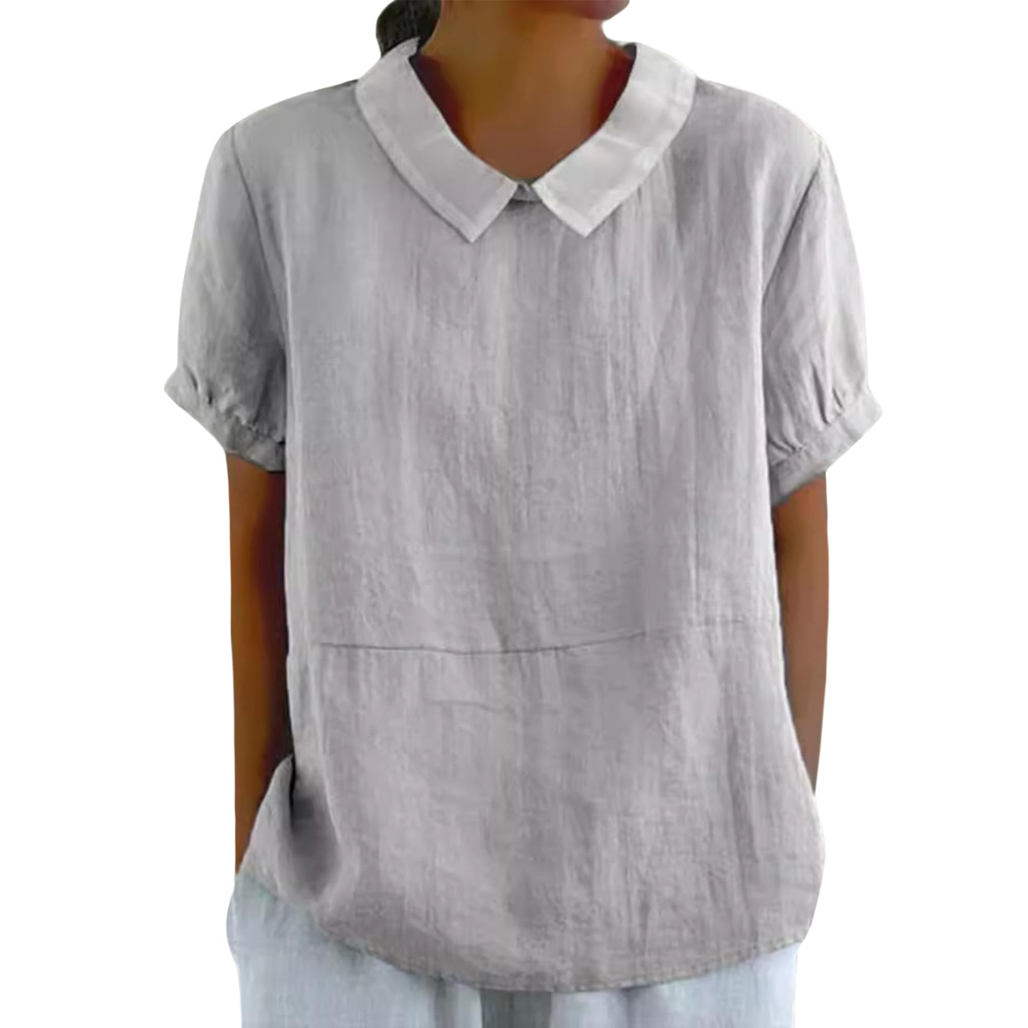 Women Summer Tops 2025 Cotton Linen Shirts Cute Summer Short Sleeve Shirts Casual Collared Blouse Tunic