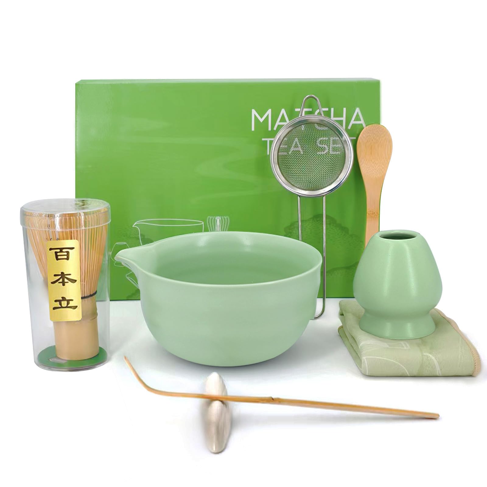 Set di 8 fruste Matcha, kit per matcha, con ciotola in ceramica, frusta in bambù, porta frusta, cucchiaio, paletta, supporto, setaccio e tappetino da tè, set regalo per principianti e amanti