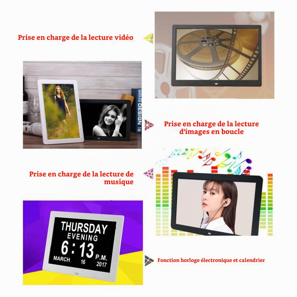 Cadre Photo Numérique 13 Pouces HD avec Télécommande Et Detecteur De Mouvement Cadre Photo Electronique LED Cadre 1080P 16:9 Cadre Photo Digital Compris l'horloge MP3 MP4 Calendrier,Black