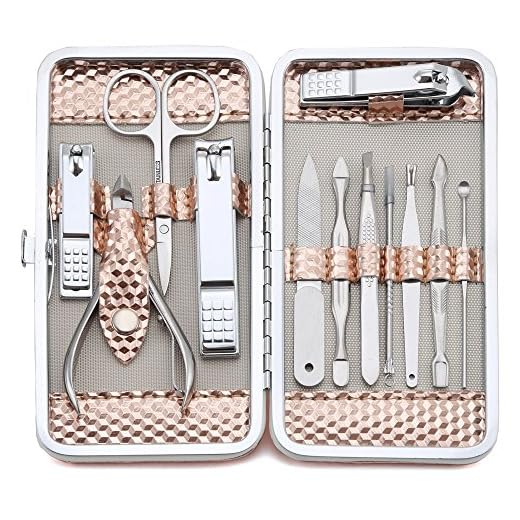 Manicure Set Professional Nail Clippers Kit Pedicure Care Tools- Stainless Steel Grooming Kit 12Pcs for Travel or Home (Rose Gold)