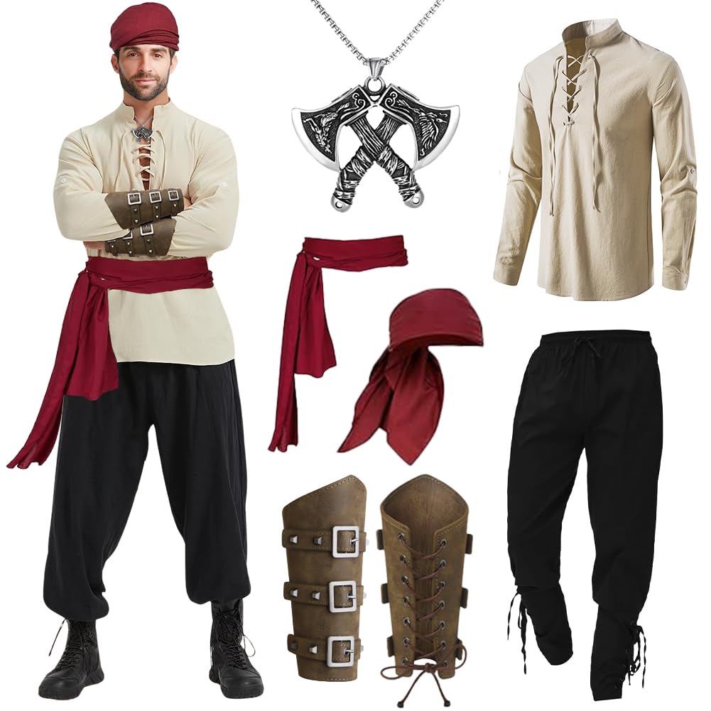 Piratenkostüm Herren 7 Stück Mittelalter Kleidung Herren Set, Herren Renaissance Kostüm Set mit Mittelalter Hose Herren Mittelalter Hemd Viking Piraten Kopftuch Gürtel Handgelenkgurt Axt-Halskette