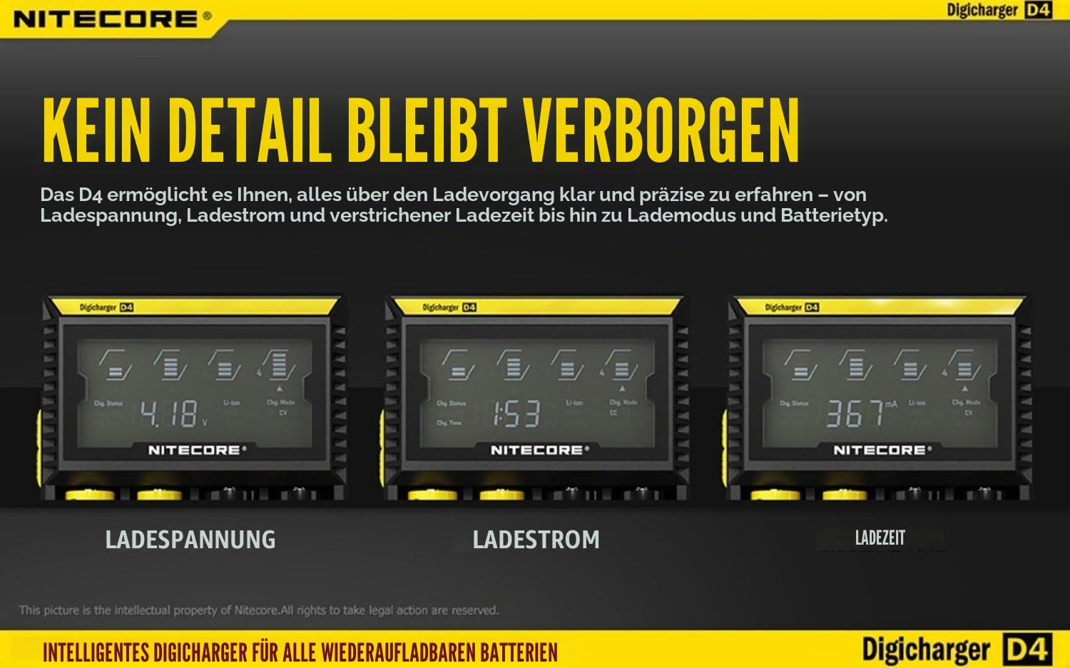 NiteCore Digicharger D4 universalladegrät für Li-Ion/IMR/LiFePO4/NiMH/Ni-Cd Akku (LCD-Display, Output Current: 4X 375mA)