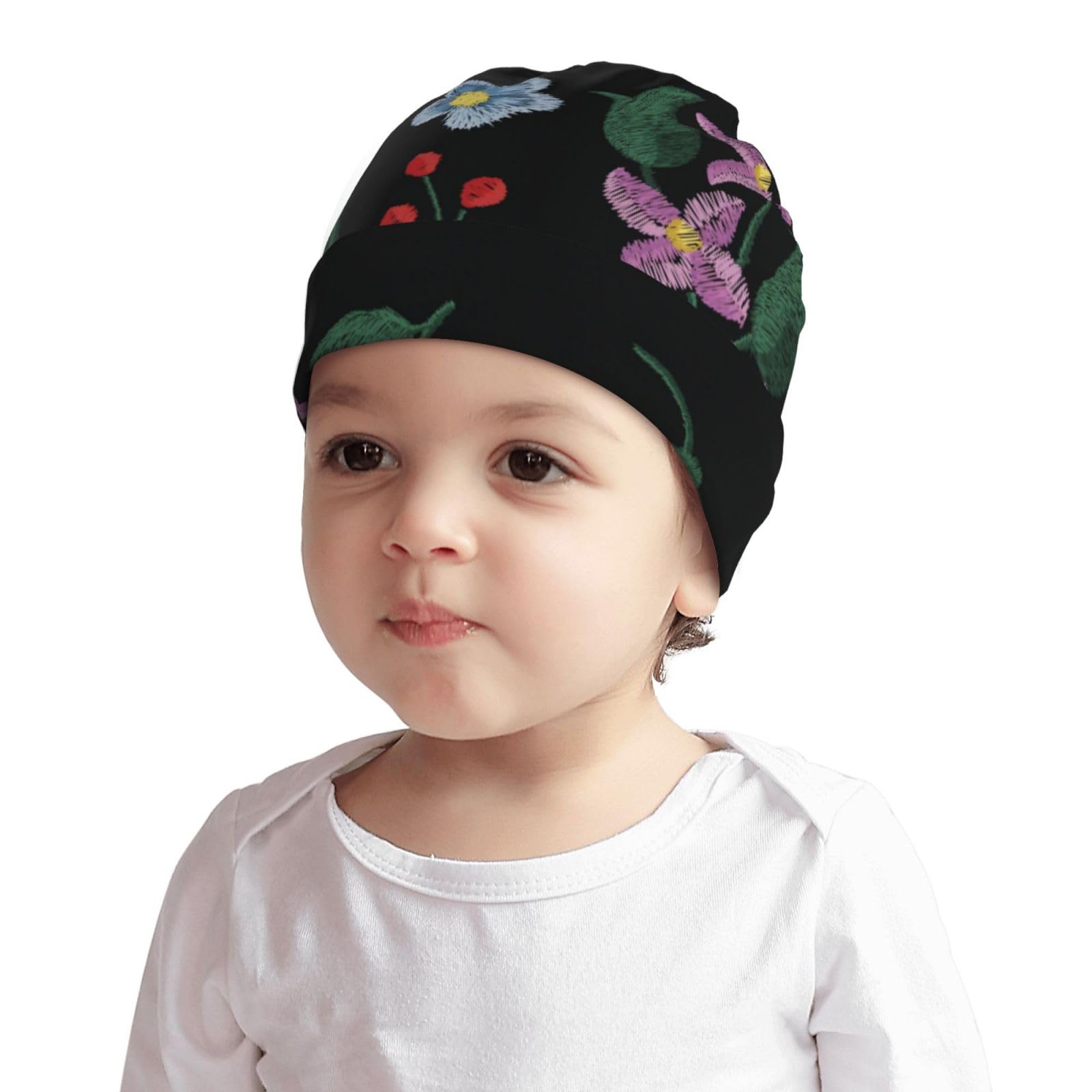 Rqzwdq Embroidery Flower Pattern Kids Beanie Hats Warm Knit Beanie Cap Skull Caps Gifts Decor for Boys Girls White