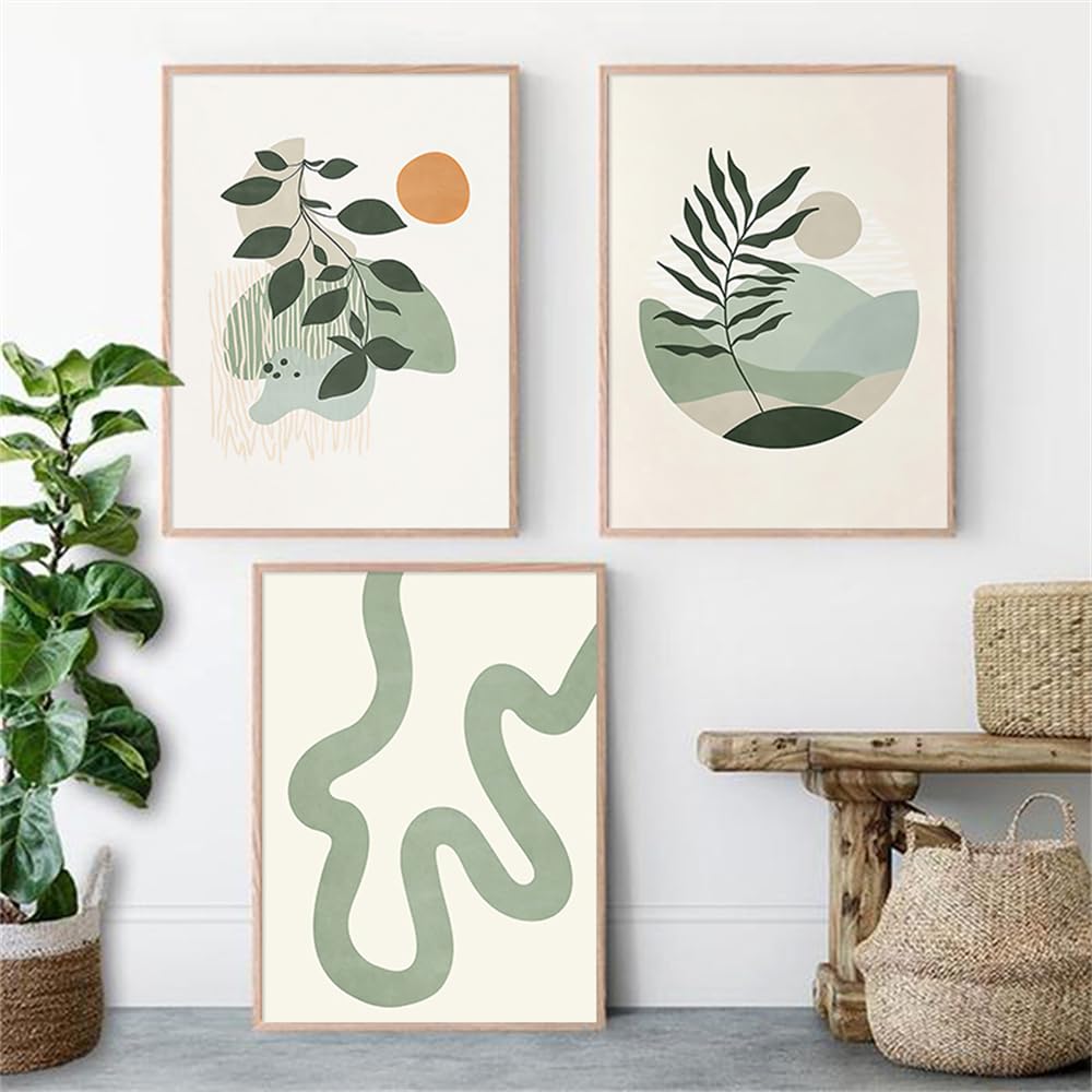 WBYZAC Wall Pictures-Green Botanical Abstract Boho Moon Wall Art Canvas Painting Nordic Posters and Prints Wall Pictures for Living Kitchen Room Decor Artwork-40 * 50cm*3PCS (No Frame)