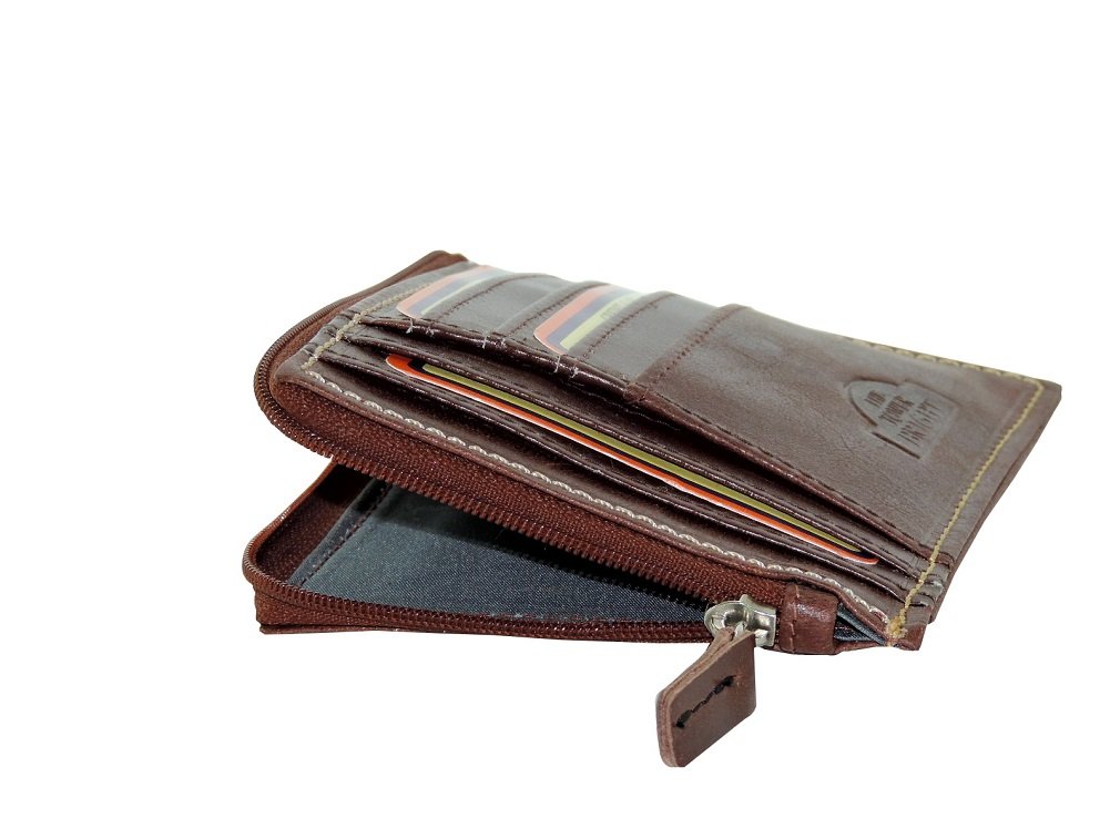 Porta Carte di Credito Uomo porta documenti THE TOWER BRIGHT 100% Vera pelle Sottile con Portamonete a Zip Marrone