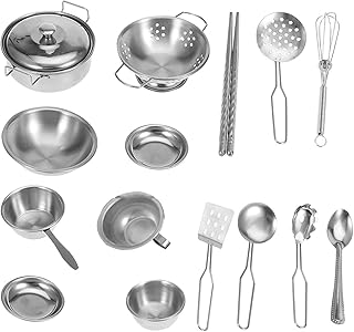 ROSEBEAR 16PCS Pretend Play Kitchen Accessories, Kids Kitchen Pretend Play Toys, Cooking Toys Play Pots and Pans Set for Kids, Stainless Steel Kitchen Cookware Playset for Kids, Girls, Boys