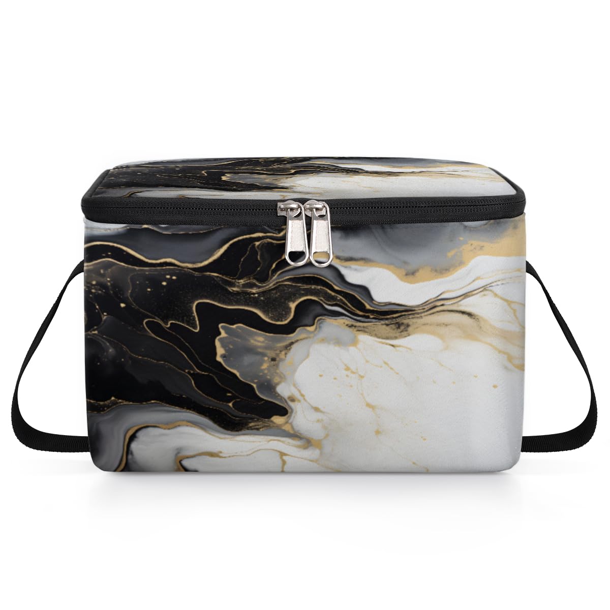 GzLeyigou Black Marble Texture Lunch Bags for Women Men 9 Cans, Hot & Cold Food Delivery Bag Insulated Grocery Bag Insulated Lunch Box Golden Marbling Cooler Bag for Office Work Picnic Beach