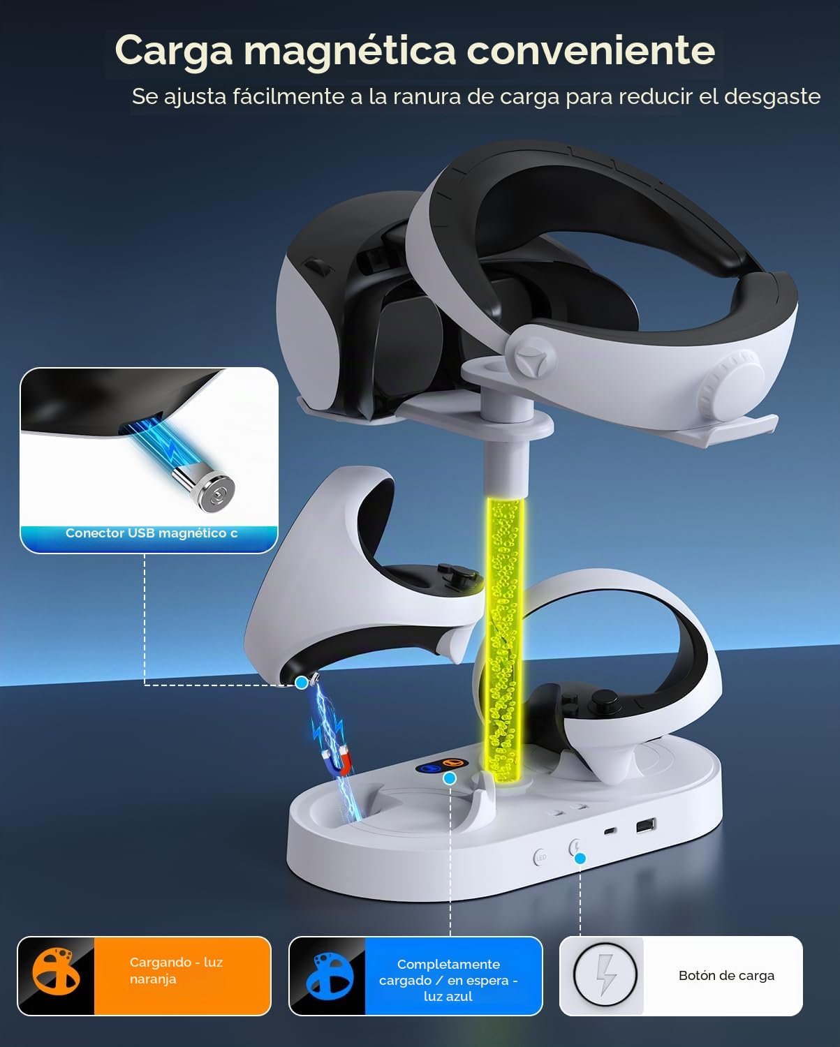 FASTSNAIL Estación de carga para PSVR2, soporte LED para auriculares PS5 VR y controlador Sense con 10 luces RGB, accesorio compatible con PlayStation VR2