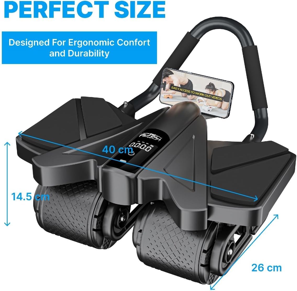 Bauchmuskel-Roller für Zuhause – 4 Räder Bauchmuskelroller mit LCD-Bildschirm, 5 Widerstandsbänder, Knöchelriemen, Türanker, Griffe, Reisetasche, bequeme Ellenbogenstütze mit rutschfesten Griffen