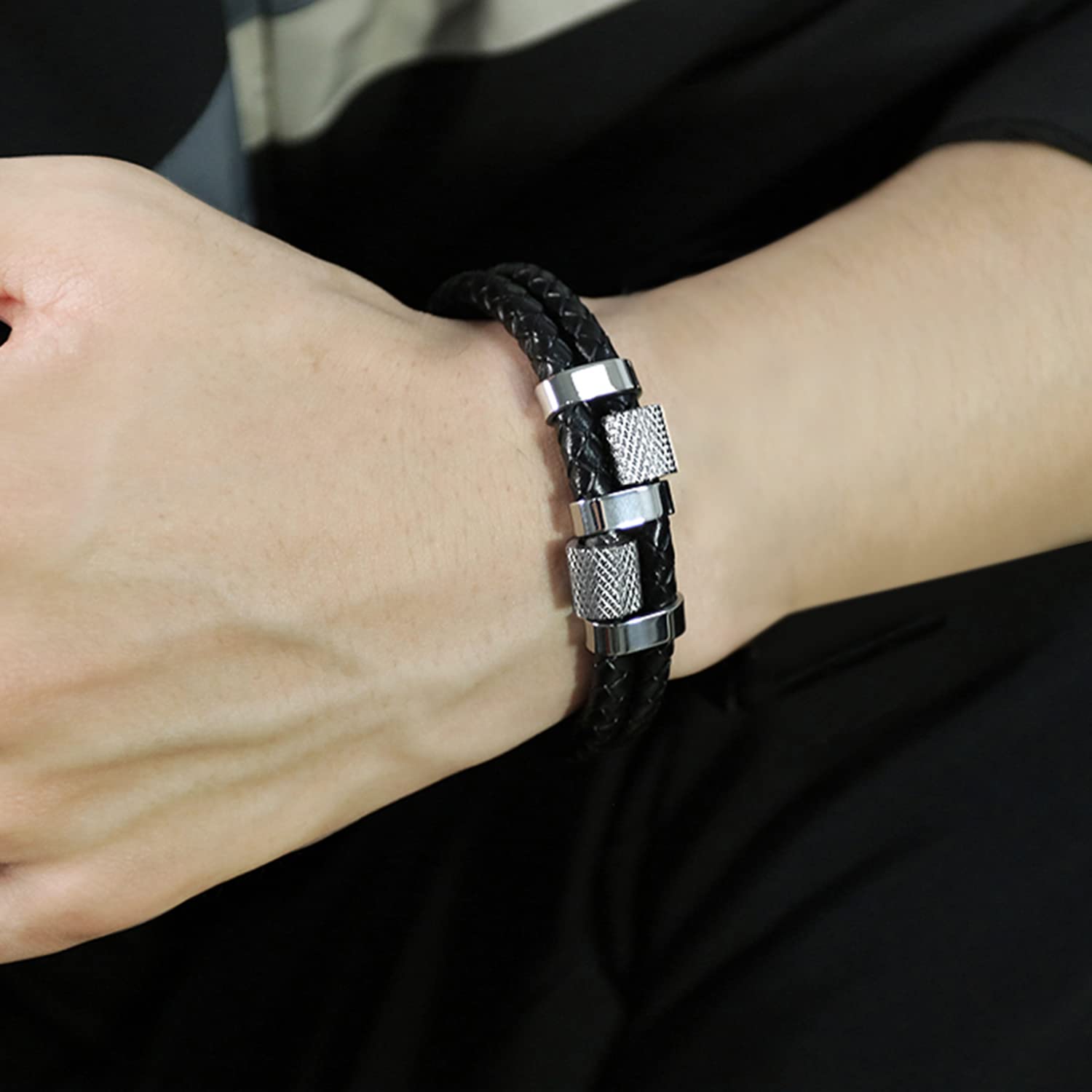 Silver Plated Leather Bracelet Stylish Jewellery for Men & Women