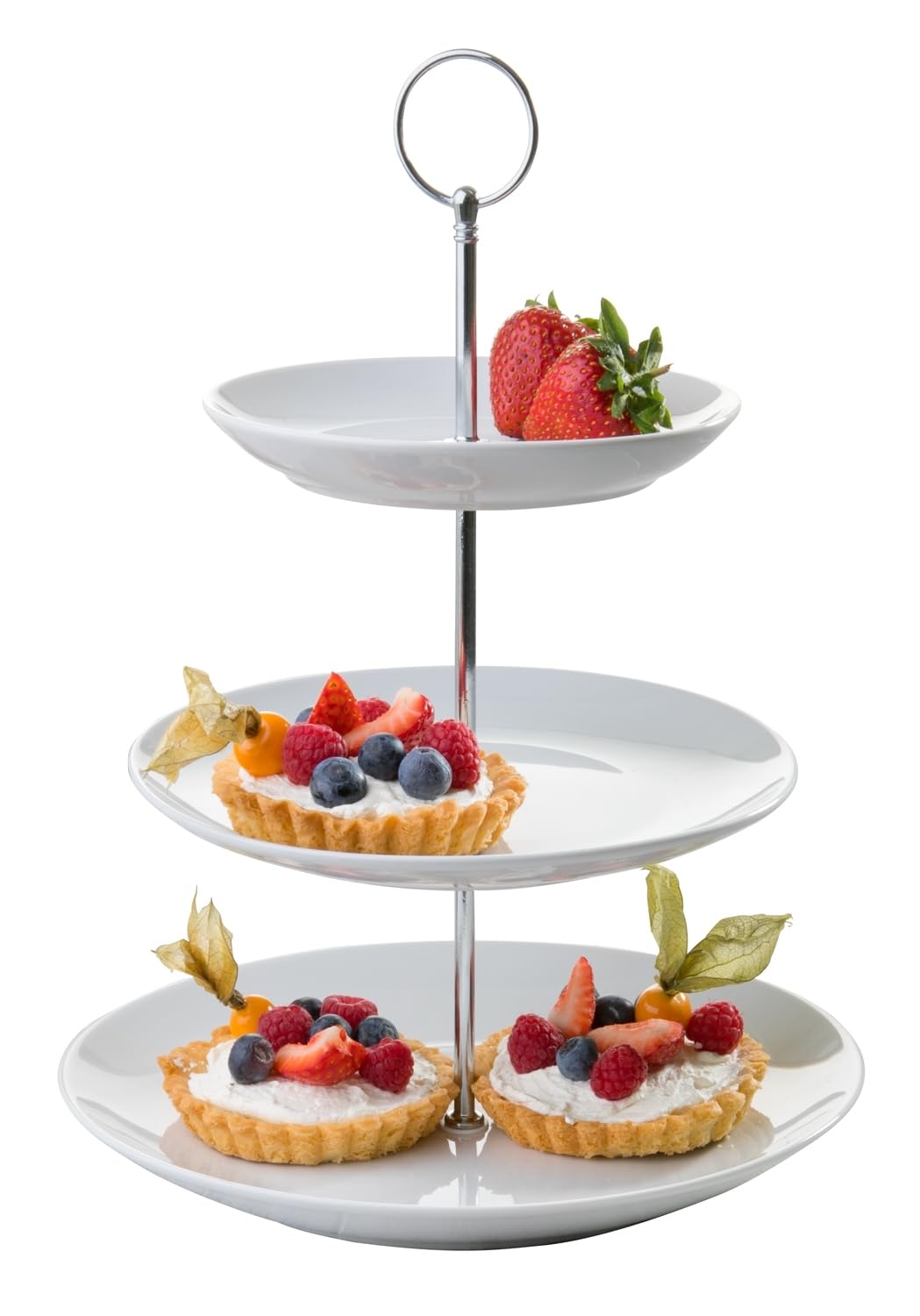Etagere mit 3 Etagen und Tragegriff - Weiß - Porzellan - Metall - Ø 26,5 x H 37 cm - Servierplatte Servierständer Servierset