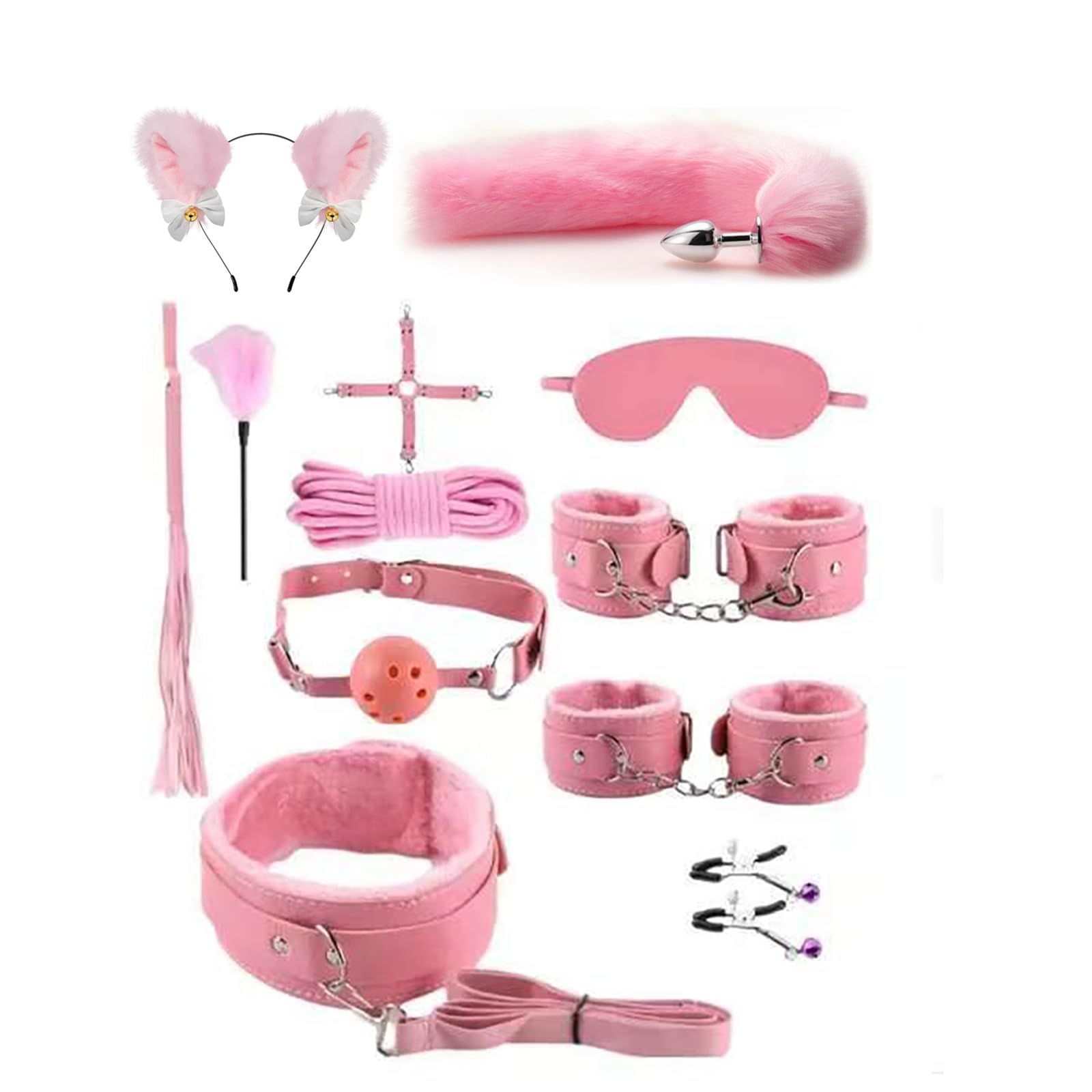 Photo 1 of 12Pcs BDSM Kit Toys Sex Bondage Restraints Butt Plug Tail Cat Ears Nipple Clamps Blindfold Handcuffs Collar Paddle Anal Butt Plug Sex Toys for Couple (Pink)