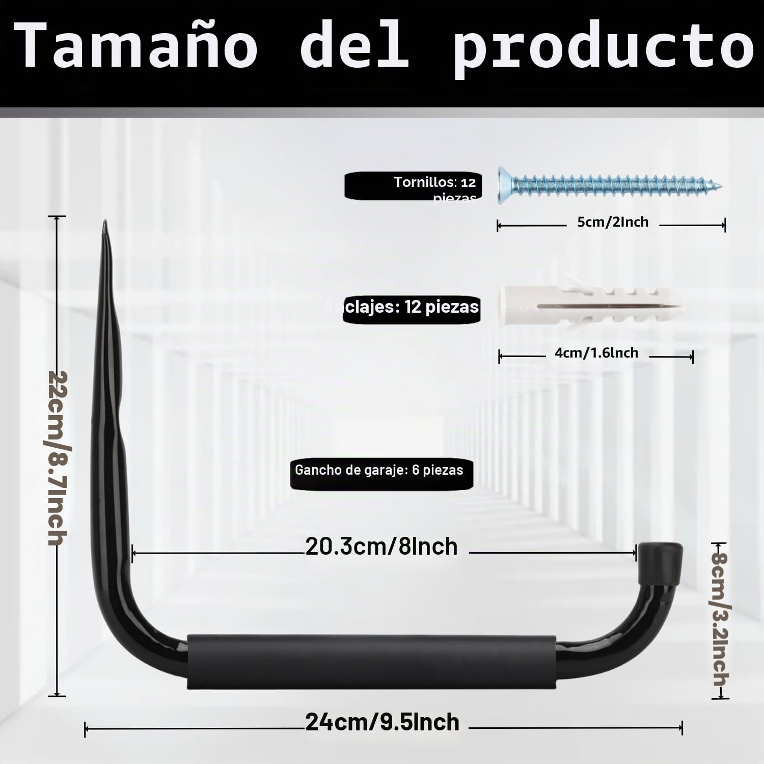 Ganchos para Escaleras de Almacenamiento de Garaje, 24CM/9,5 Pulgadas Estante de Utilidad de Brazo Jumbo Resistente para Herramientas de Jardín, Tablas de Surf, Sillas Plegables