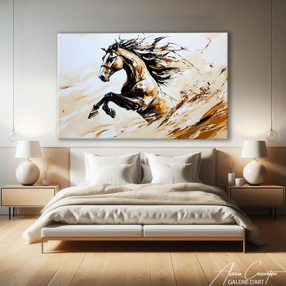 Quadro a forma di cavallo astratto – Poster decorativo da parete con animali – Stampa su tela tono beige – Quadro da parete decorativo per soggiorno, grande formato (40 x 30 cm)