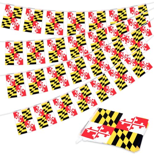 Image of 32.8 ft Maryland Flag Banner, 30 Pcs Mini State String Flags, Red White Black Yellow Bunting for Maryland Day, Local Parades, Festivals, Home, Garden, and Outdoor Decorations