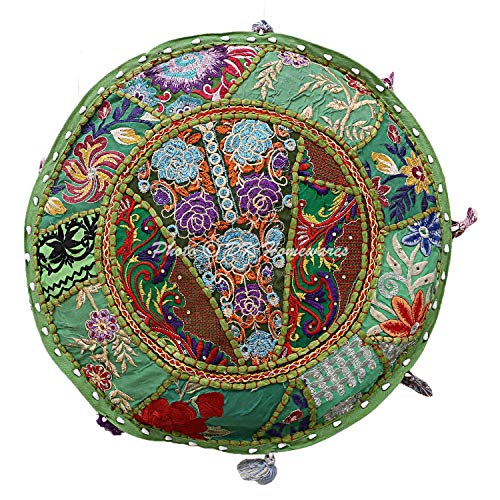 DK Homewares Indischer runder Hocker Grün Patchwork Bestickte Baumwolle Möbel Cover Dekorative Osmanische Fußstütze… – Bild 5