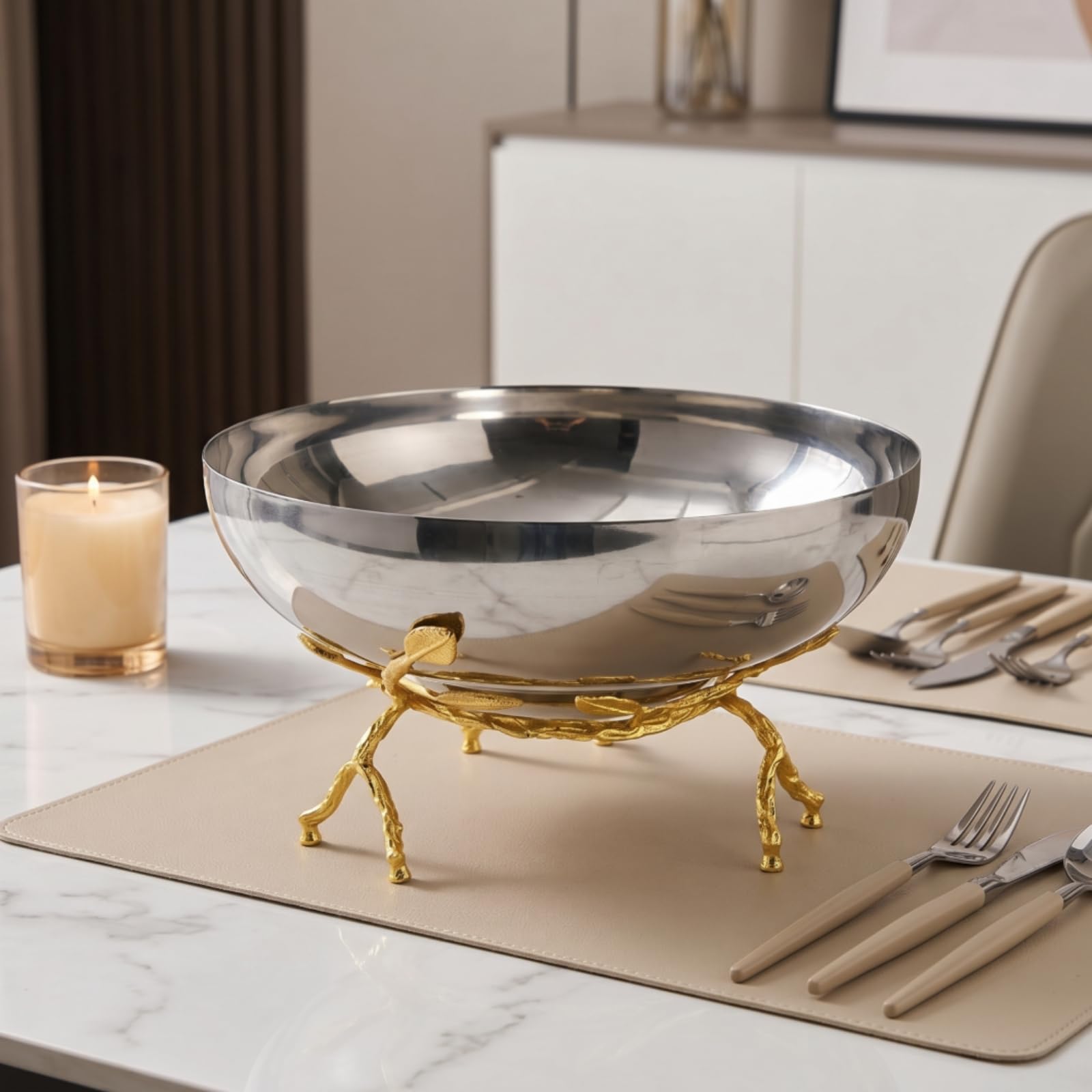 Bandeja para Servir Cuenco Decorativo Plato con Soporte Centro de Mesa Acero Inoxidable con Interior Reflectante en Estructura con Adecuada para, 250 250 130mm