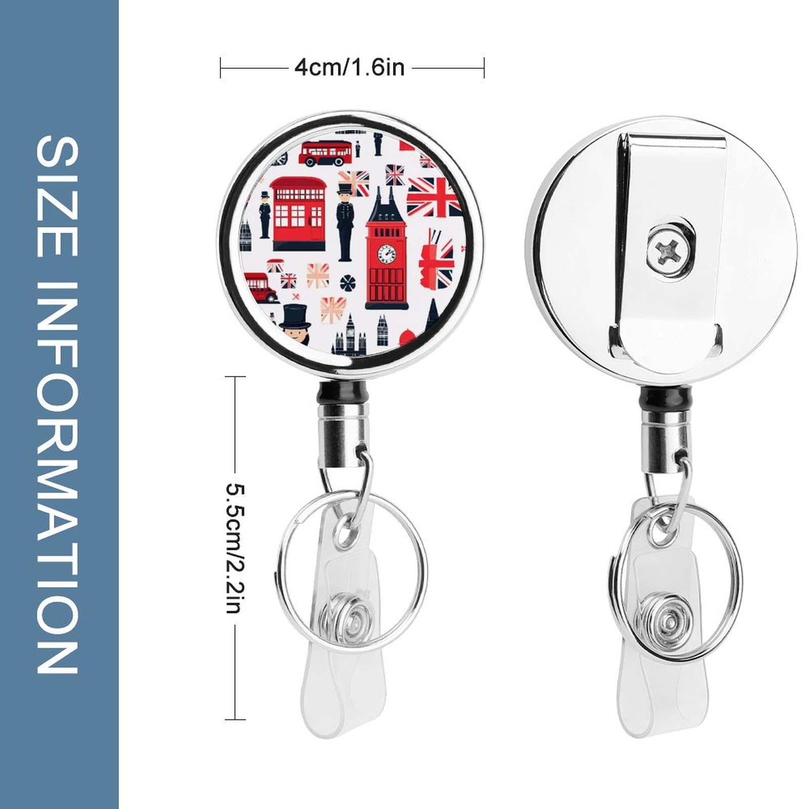 England Symbols Print Retractable Badge Holder Metal ID Name Holder Key Ring with Belt Clip