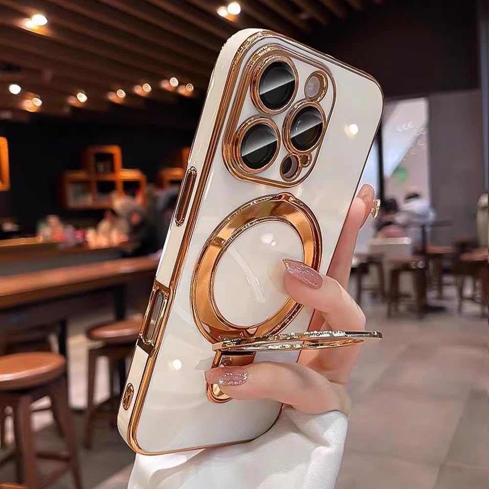 QSIETSPY Magnetic Invisible Stand for iPhone 16 Pro Max Case 6.9" Compatible with Mag-Safe,Full Camera Lens Protector Soft Plating Phone Case for