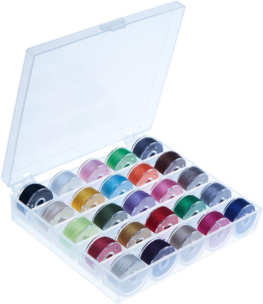 EBYTOP 25Pcs Sewing Machine Bobbins Spools and Assorted Colors Sewing Thread for Brother,Janome,Singer,Elna,Plastic and Transparent with Storage Case