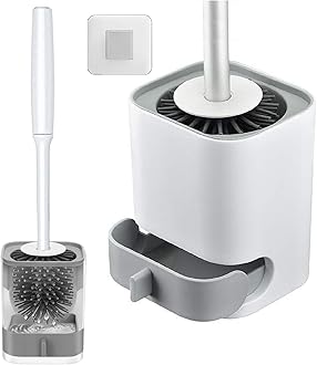 Toilet Brush with Holder Stand, Bathroom Silicon Toilets Bowl Cleaning Brush with Non-Slip Long Handle Floor Standing Holder & Wall Mounted Without Drilling Quick Drying Holder Set