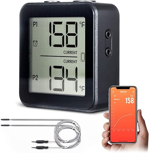 Termómetro inalámbrico Bluetooth para carne con doble sonda para parrilla, ahumador, barbacoa, alarma de temporizador doble, aplicación inteligente,