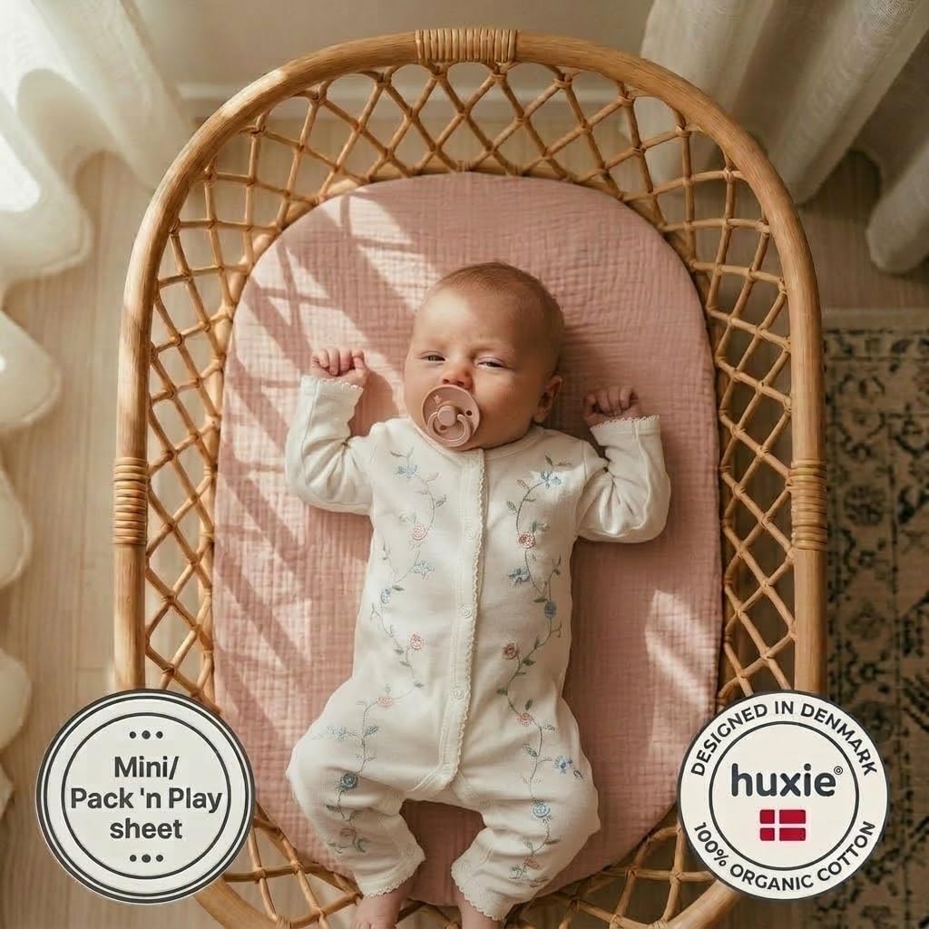 Mini-Bettlaken für Kinderbett, Bio-Baumwoll-Musselin, 61 x 96,5 cm, für Kinderbett zum Packen und Spielen, ultraweich und atmungsaktiv, für Jungen und Mädchen, 2 Stück, Blush/Salbeigrün