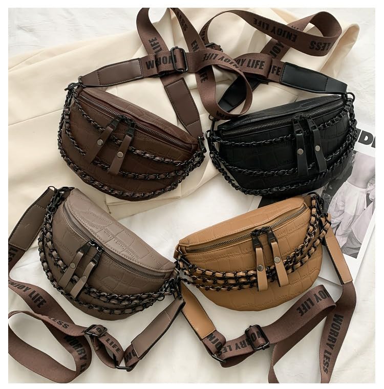 Image of Leather Fanny Pack Bag for Women, Chain Belt Bag Chest Purse Fashionable Crossbody Waist Bags Handbag for Everyday Use Trip Walking Hiking