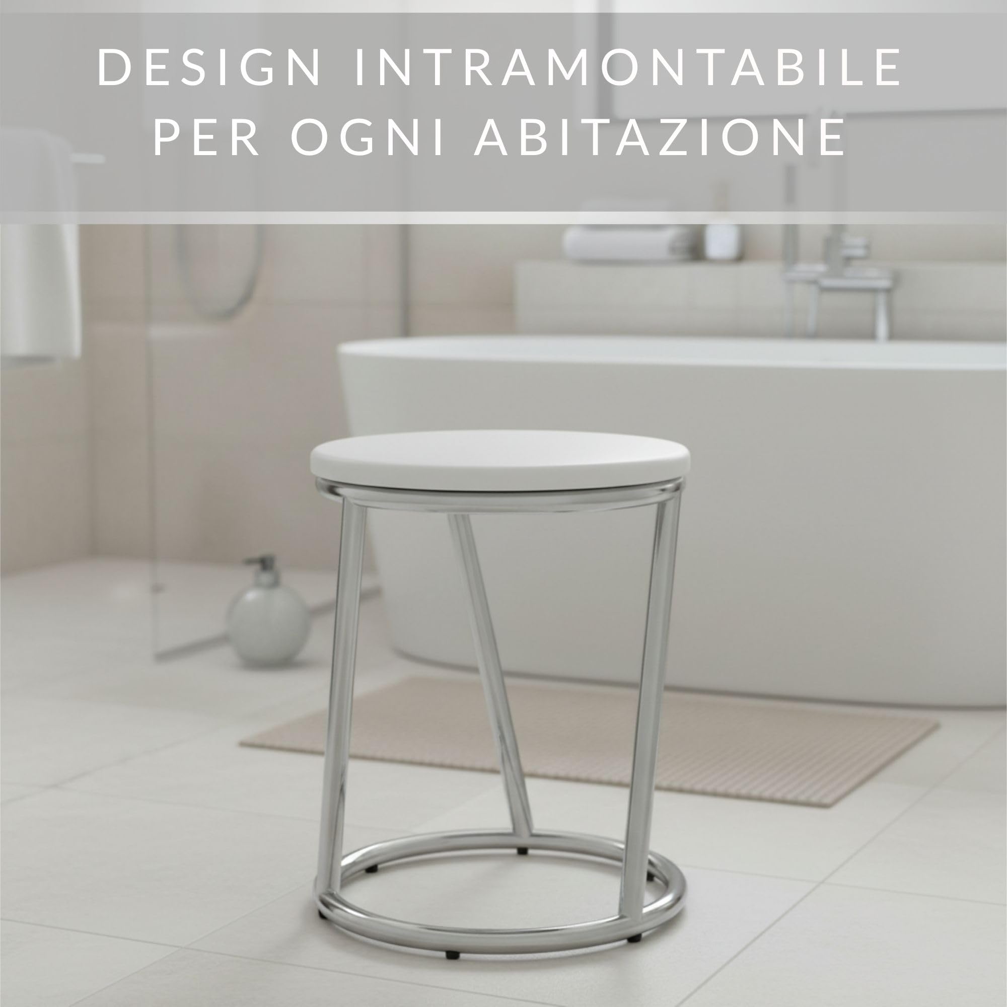 Sgabello da Bagno Salina – Sgabello Rotondo in Metallo Cromato Lucido – Robusto Sgabello con Seduta Bianca in Stile Bar Stool – Sgabello Multiuso per Bagno e Cucina