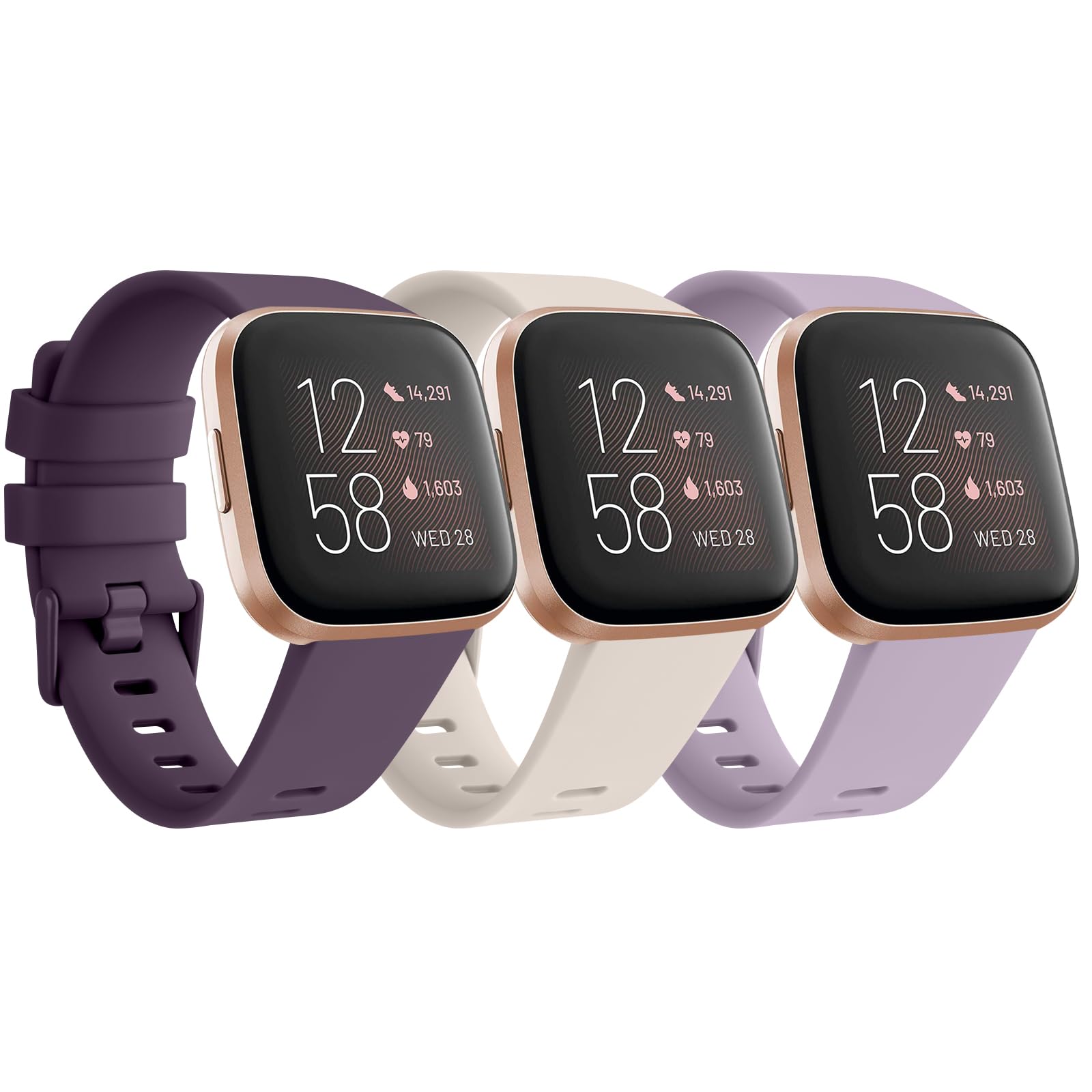 Pack 3 Straps for Fitbit Versa 2 Strap/Versa Strap for Women Men, Silicone Sport Replacement Wristband for Fitbit Versa Lite/Versa 2/ Versa (Starlight/Purple/Violet, S)